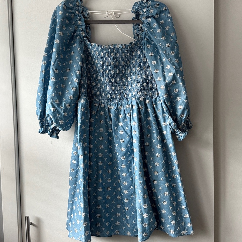 Kourt Portia Mini Dress Puff Sleeves Brown Smocked Babydoll Boho Women’s L